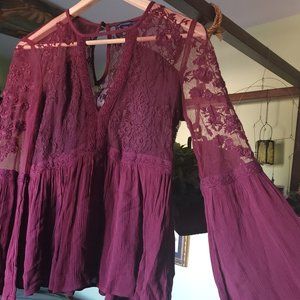 2010s American Eagle Burgundy Romantic Lacy Long Sleeve Blouse Women's Size Sm